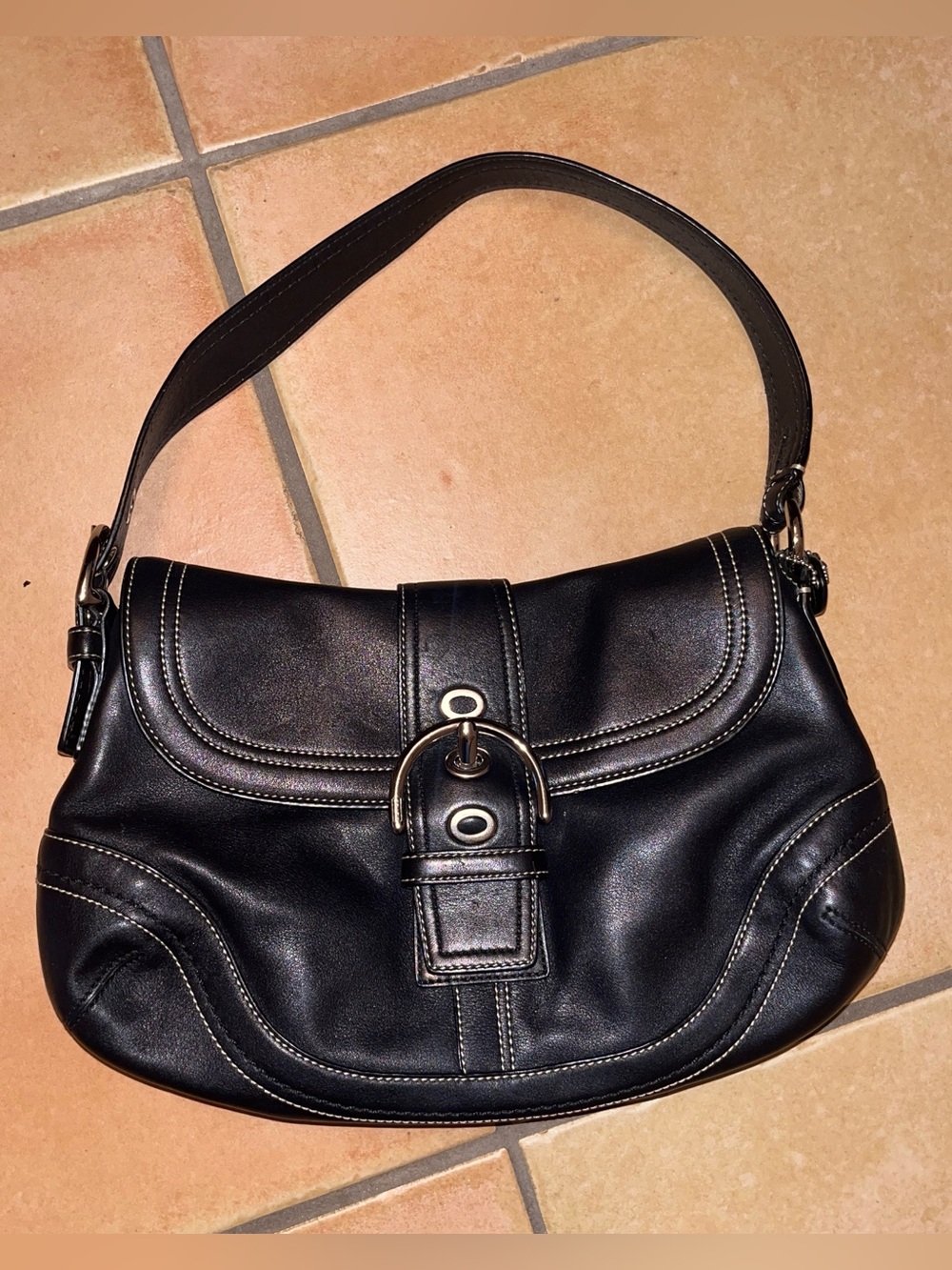 Black leather Large Coach Soho shoulder bag purse with silver buckle hardware